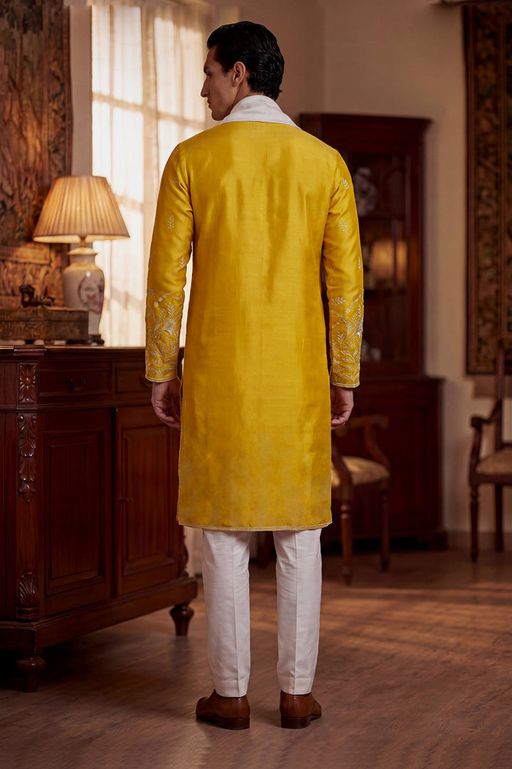 Men Yellow Chanderi Silk Solid Embroidered Straight Kurta Trouser with Dupatta | SHOBITAM