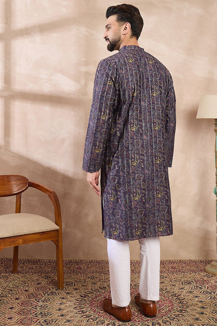 Violet Silk Blend Ethnic Motifs Printed Straight Kurta With Trouser | SHOBITAM