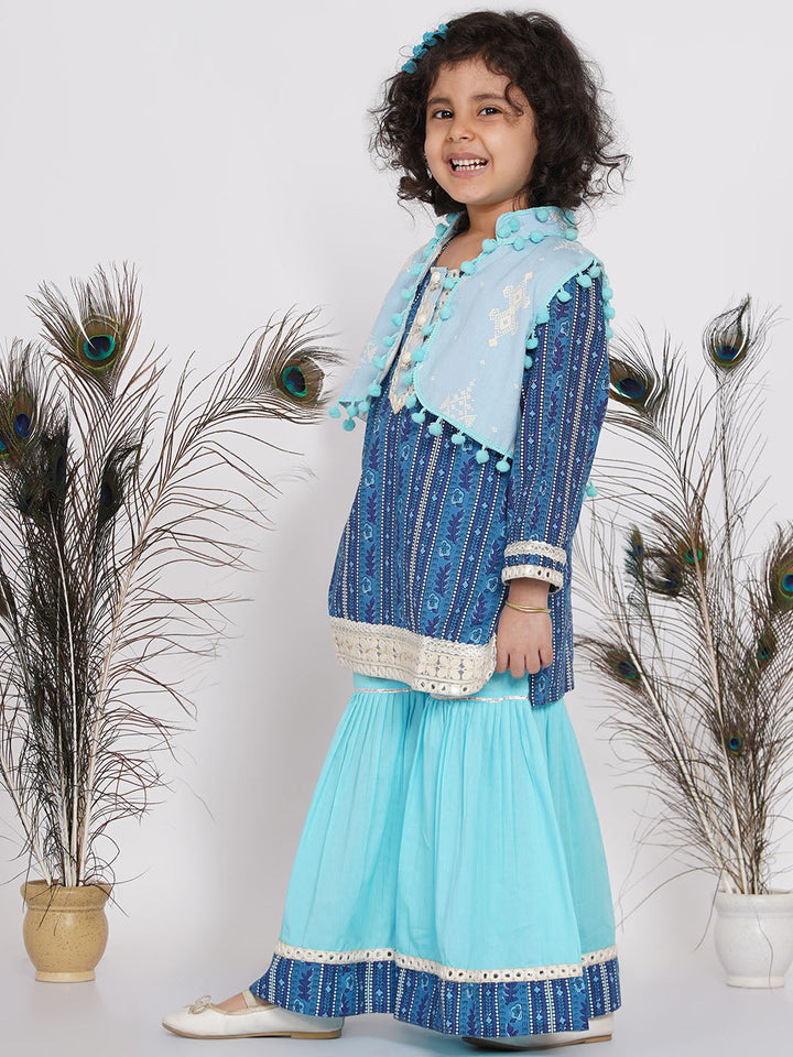 Girls Floral Print Kurta with Lace work and Sharara with pom pom jacket |SHOBITAM