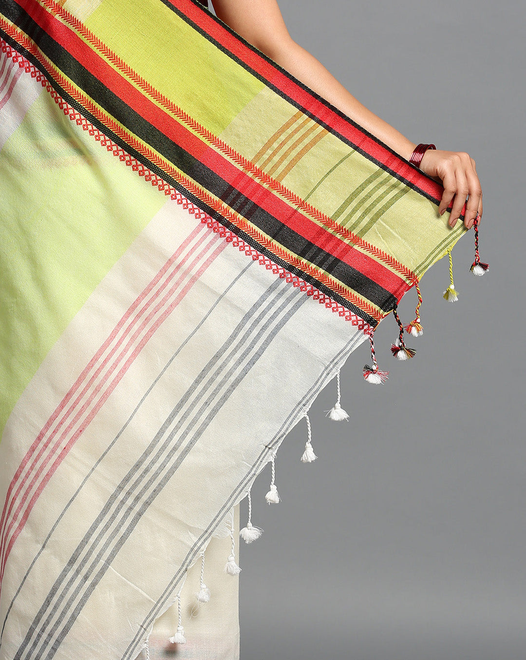 White Green Red Cotton Saree with Blouse piece