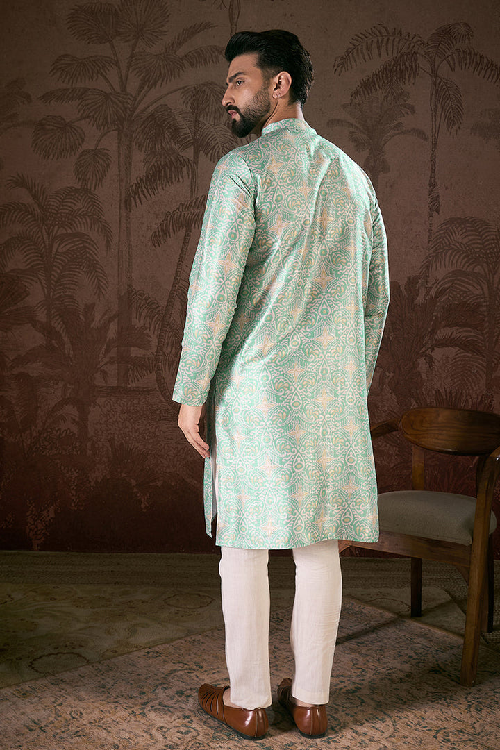 Turquoise Blue Silk Blend Abstract Printed Straight Kurta With Trouser | SHOBITAM