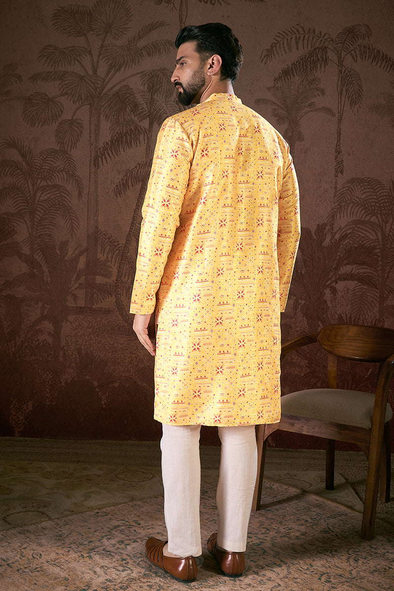 Yellow Silk Blend Ethnic Motifs Printed Straight Kurta For Men | SHOBITAM