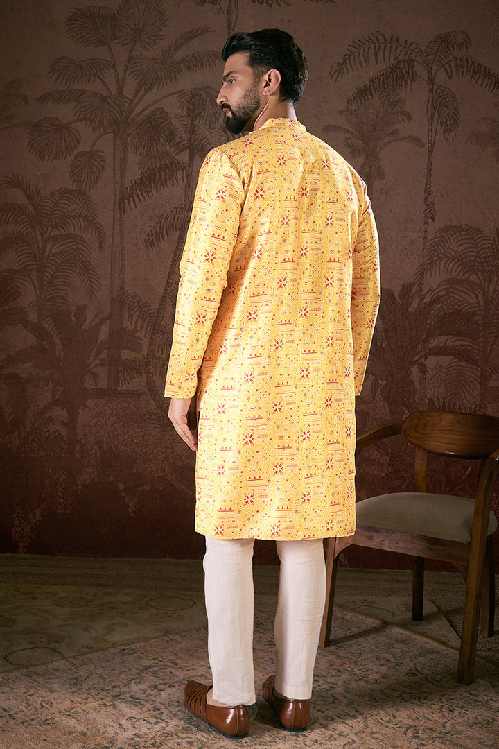Yellow Silk Blend Ethnic Motifs Printed Straight Kurta For Men | SHOBITAM