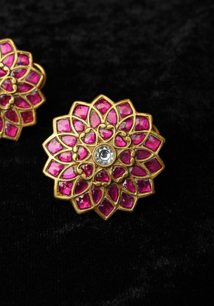 92.5 Silver Pink Stone Large Floral Studs