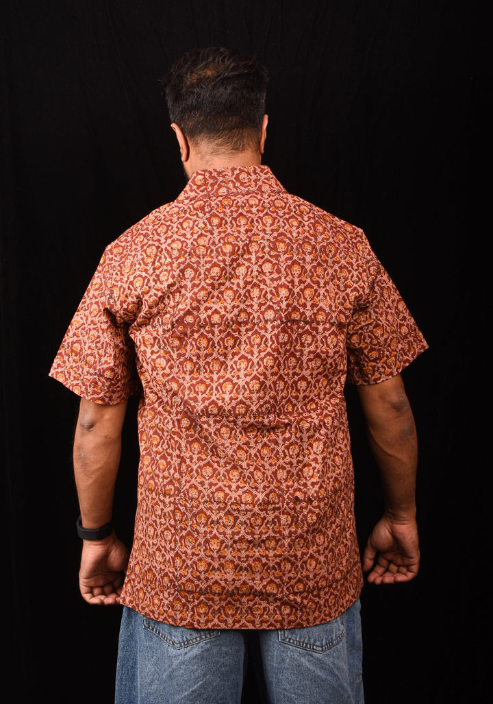 Maroon Brown Kalamkari Handblock Printed Cotton Mens Shirt Dheeran