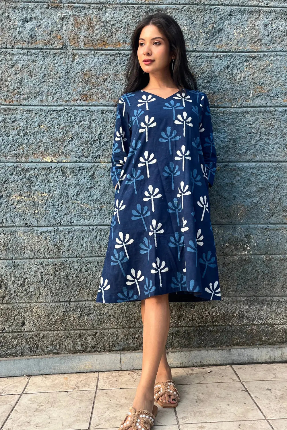 Indigo Block Print Dress | SHOBITAM