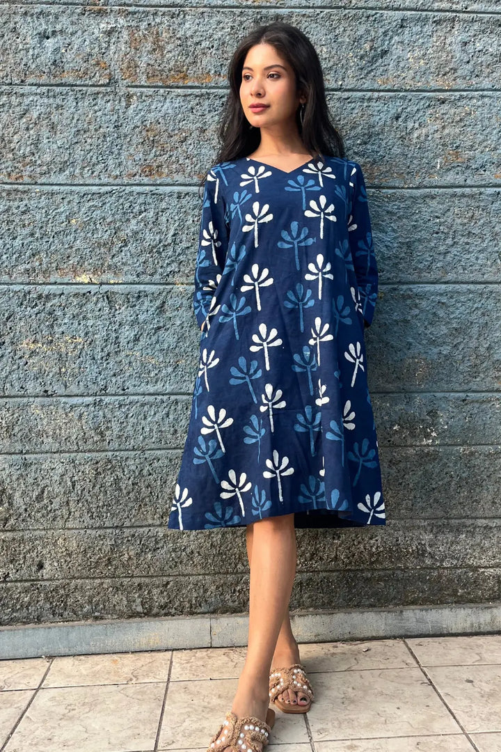 Indigo Block Print Dress | SHOBITAM