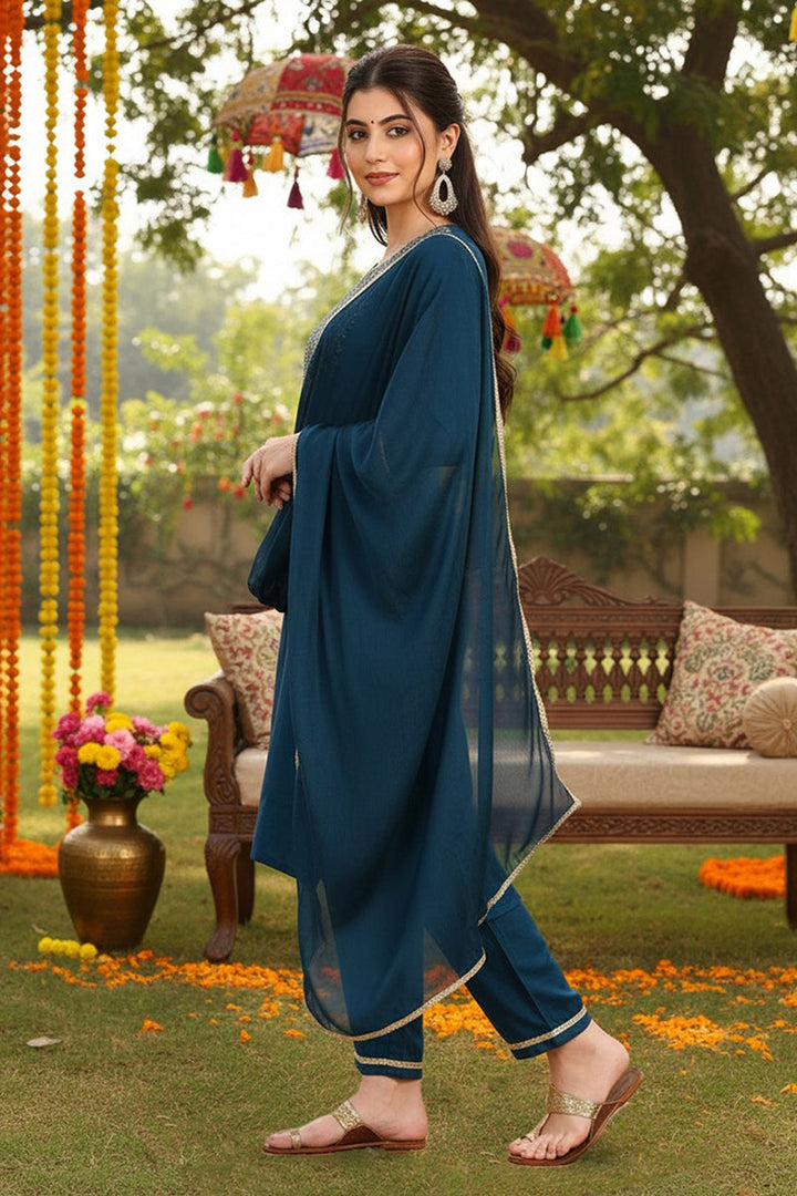 Silk Blend Teal Embroidered Straight Kurta Pant With Dupatta  | SHOBITAM