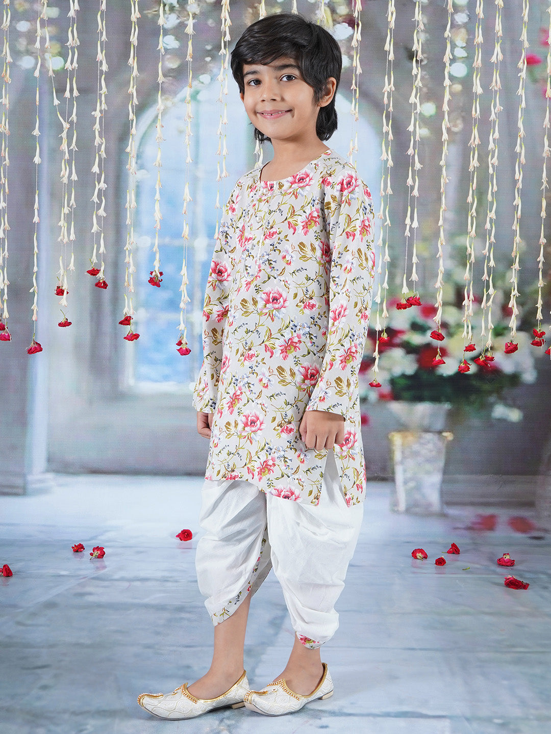 Boys Cotton Full Sleeves Kurta Dhoti with Garden Rose Print and Pearl Buttons - Antique Green  | SHOBITAM