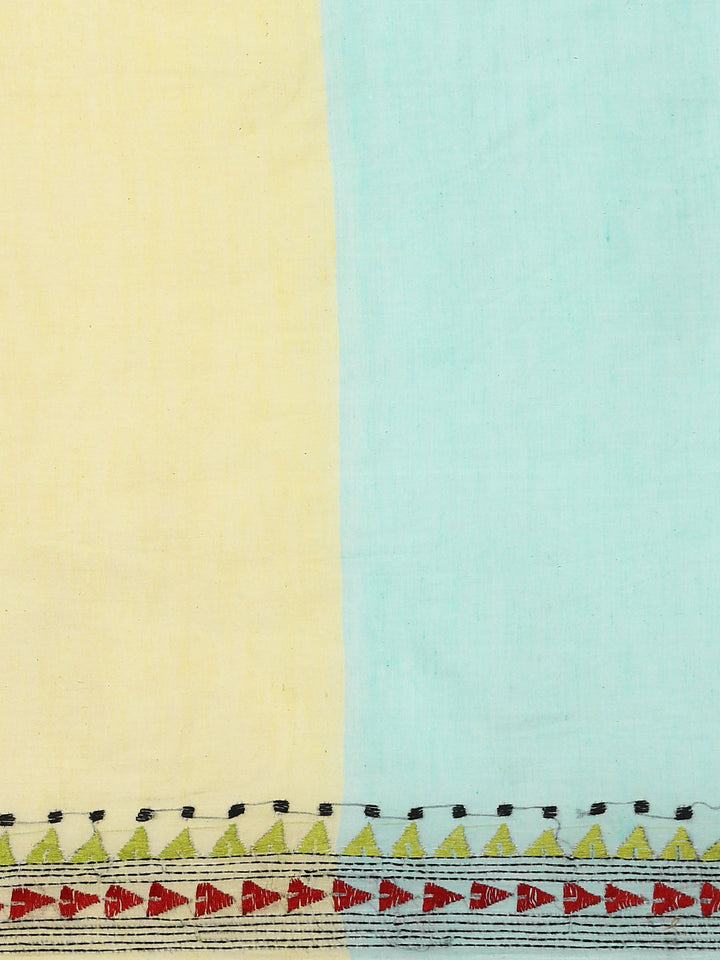 Blue Pink Pure Cotton Kantha Stitch saree | SHOBITAM