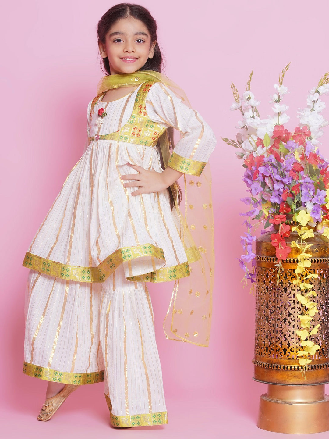 Girls Cotton Bird & Floral Anarkali Sharara Set with Dupatta - Cream | SHOBITAM