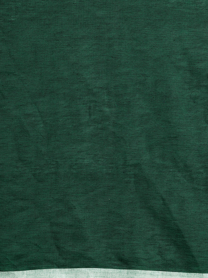 Dark Green 100% Cotton Handloom Saree with Kantha Embroidery on Ghicha Pallu and Blouse Piece