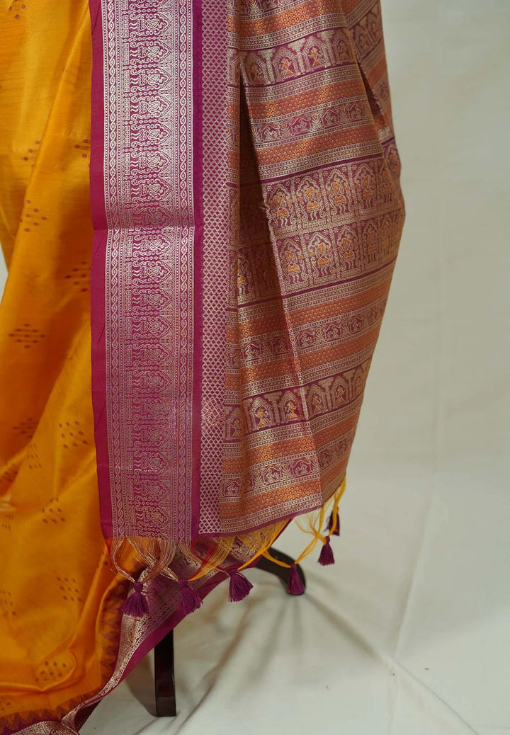 Turmeric Yellow And Pink Semi Silk Saree with Zari detailing | SHOBITAM