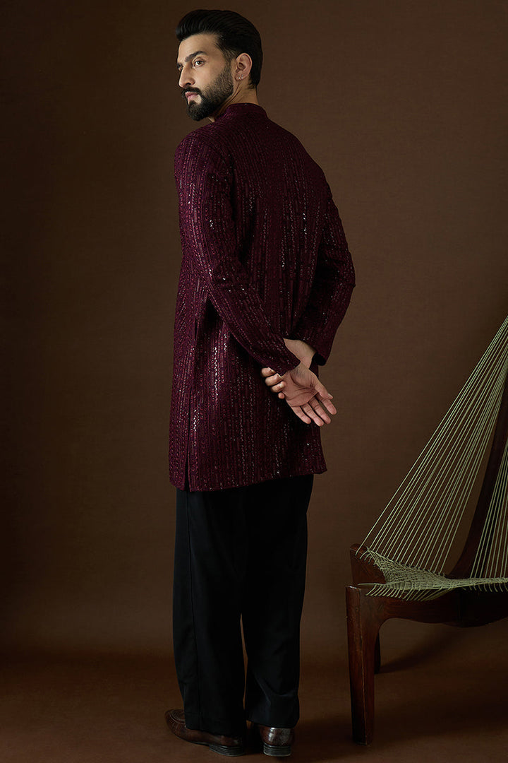 Purple Georgette Solid Embroidered Straight Kurta | SHOBITAM