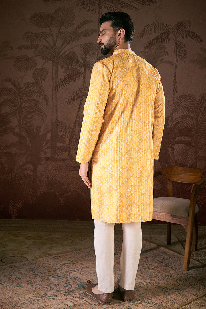 Yellow Silk Blend Ethnic Motifs Printed Straight Kurta With Trouser | SHOBITAM