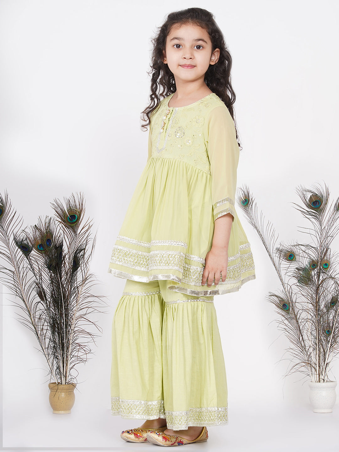 Girls jaipuri Lacework Kurta frock with Sharara and Dupatta - Classic Green | SHOBITAM