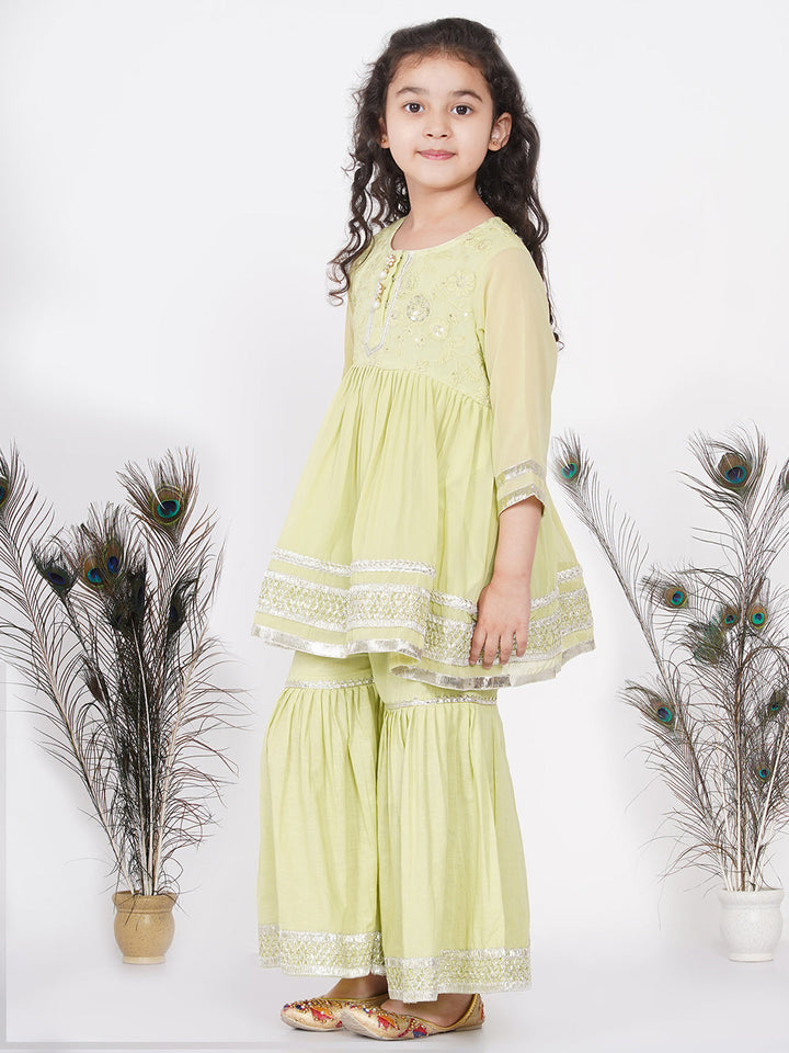 Girls jaipuri Lacework Kurta frock with Sharara and Dupatta - Classic Green | SHOBITAM
