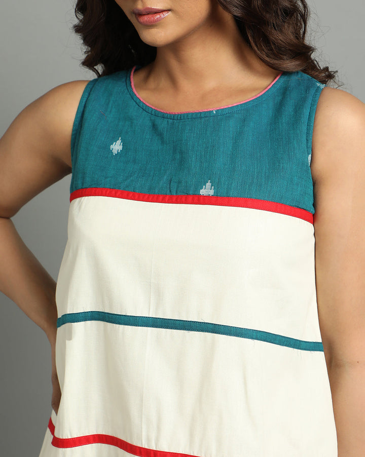 Cream Teal Green Cotton Handloom Striped dress | SHOBITAM