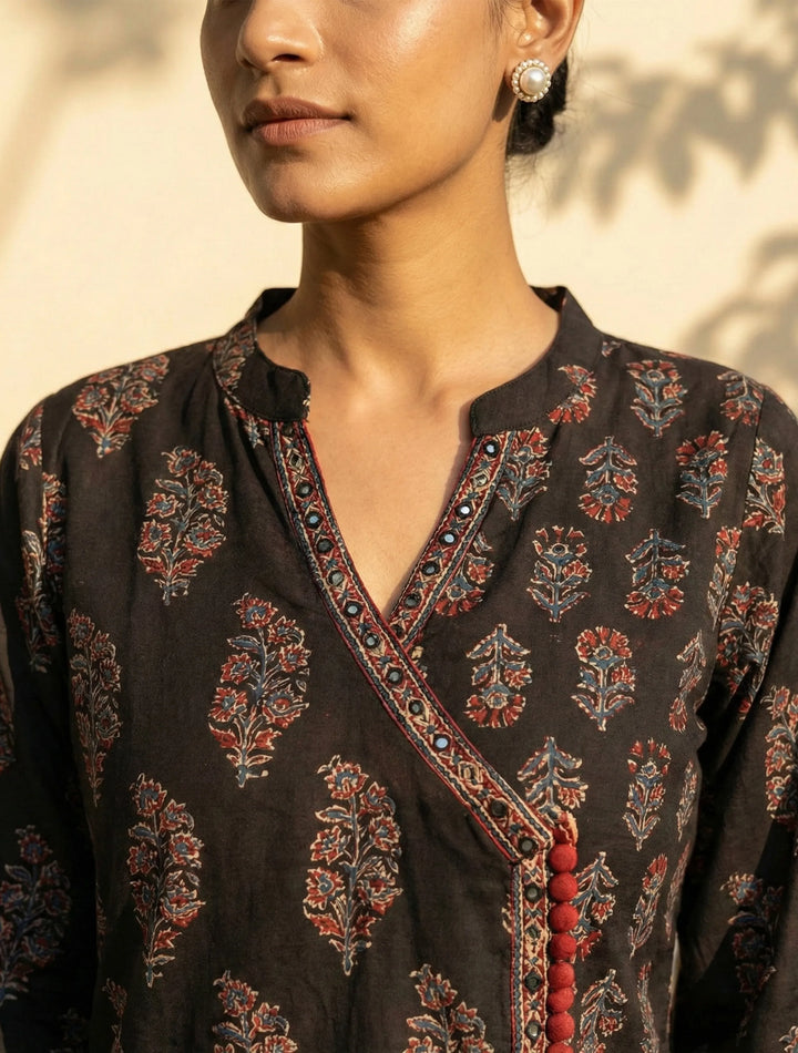Black Boota Print Angrakha Kurta Pant Dupatta Set | SHOBITAM