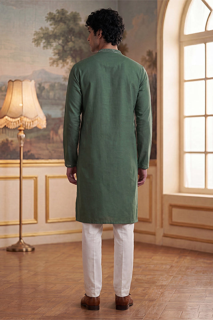 Mens Green Silk Blend Solid Emboidered Sequins Kurta With Trouser | SHOBITAM