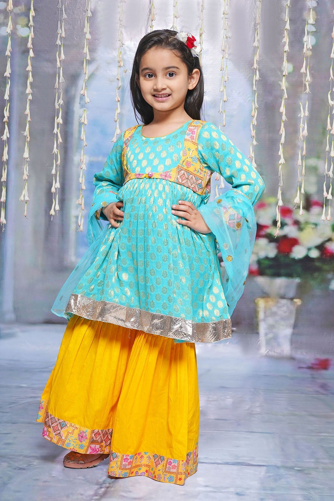 Girls Floral work Kurta with Sharara and Dupatta with Embroidery Work | SHOBITAM