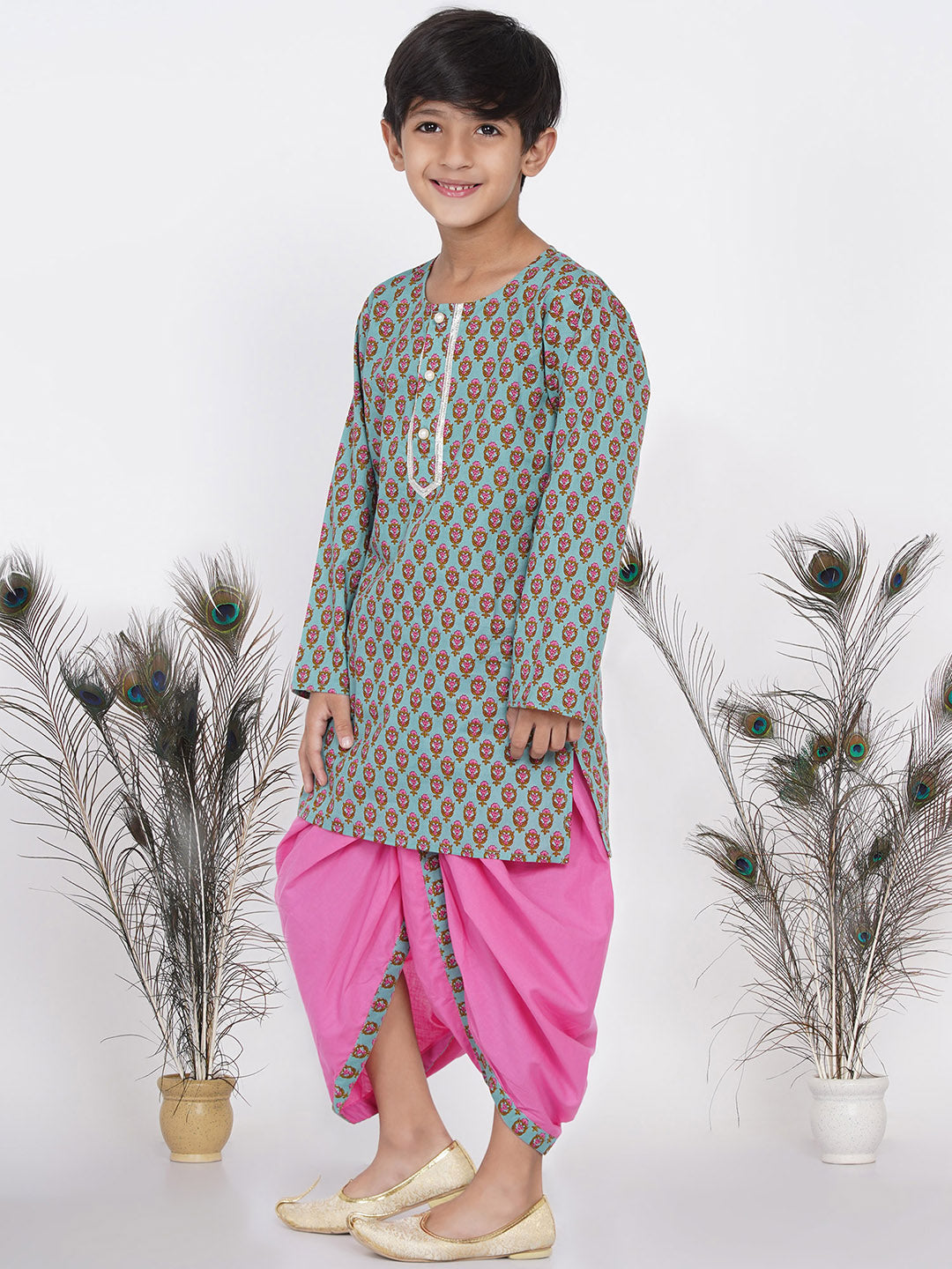 Boys Floral Kurta with Pearl Buttons and Dhoti in Blue and Pink  | SHOBITAM