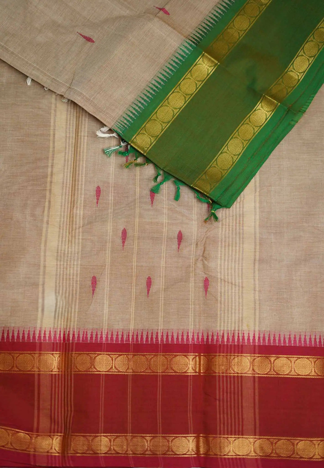 Chalk Beige Mercerized cotton Rudhraksham Ganga Jamuna border | SHOBITAM