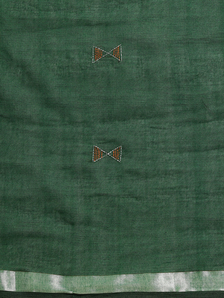 Green Magenta handloom Cotton Kantha Stitch Saree | SHOBITAM