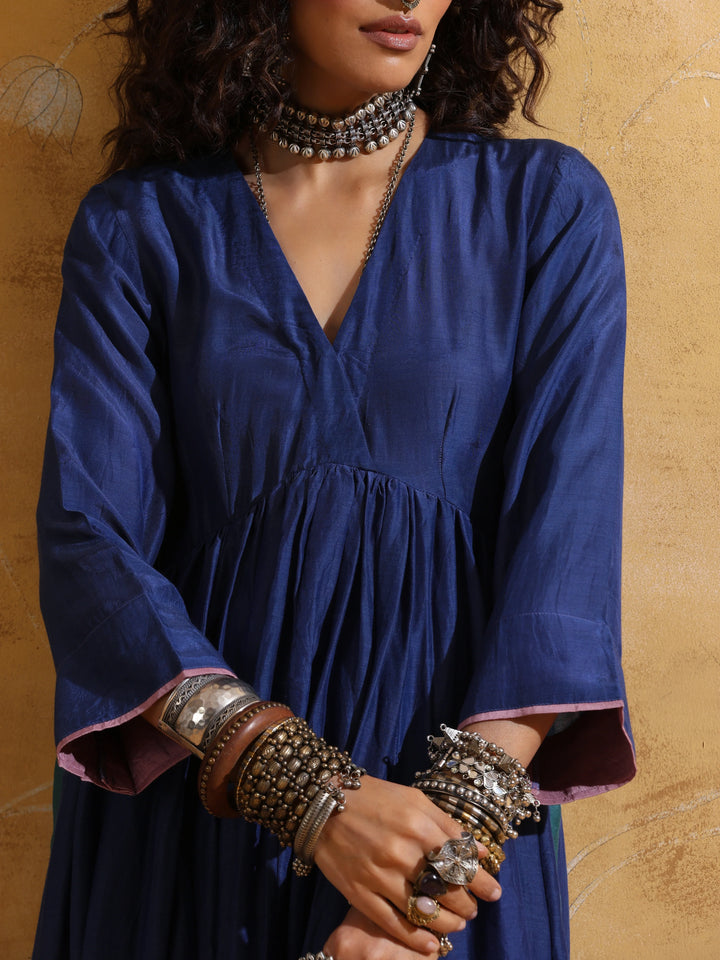 Blue Muslin Silk Anarkali Kurta Pant Set  | SHOBITAM