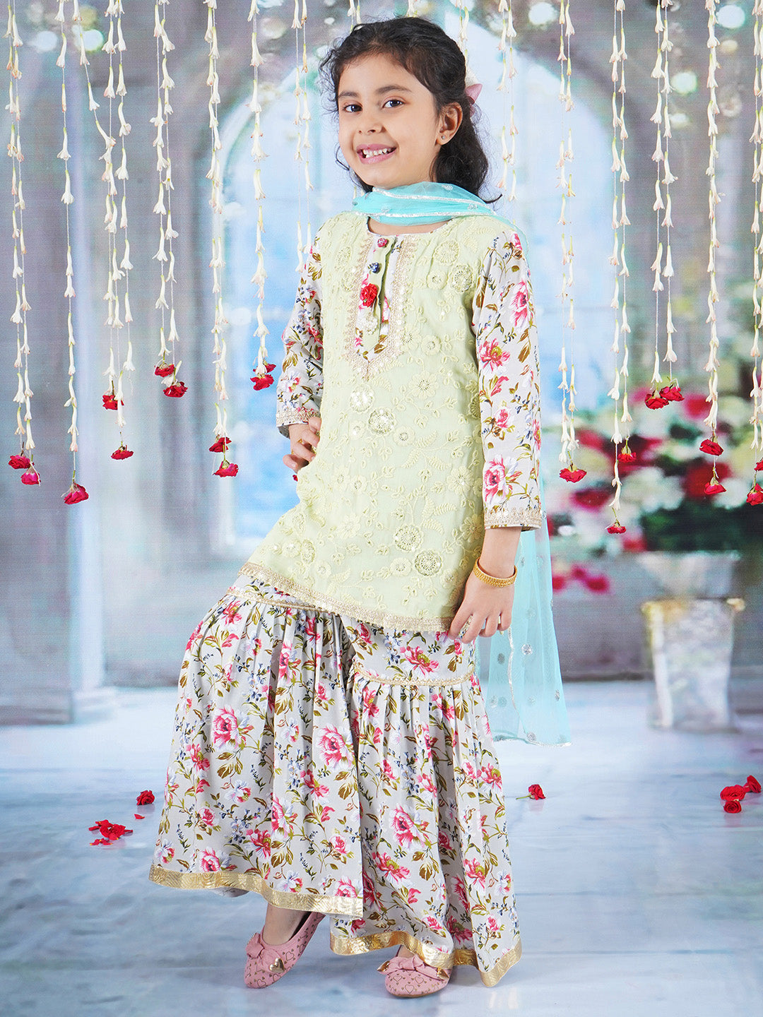 Girls Cotton Full Sleeves Kurta Sharara and Dupatta with Garden Rose Print, Floral Embroidery, Lace & Floral Work - Antique Green | SHOBITAM