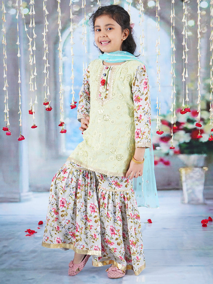 Girls Cotton Full Sleeves Kurta Sharara and Dupatta with Garden Rose Print, Floral Embroidery, Lace & Floral Work - Antique Green | SHOBITAM