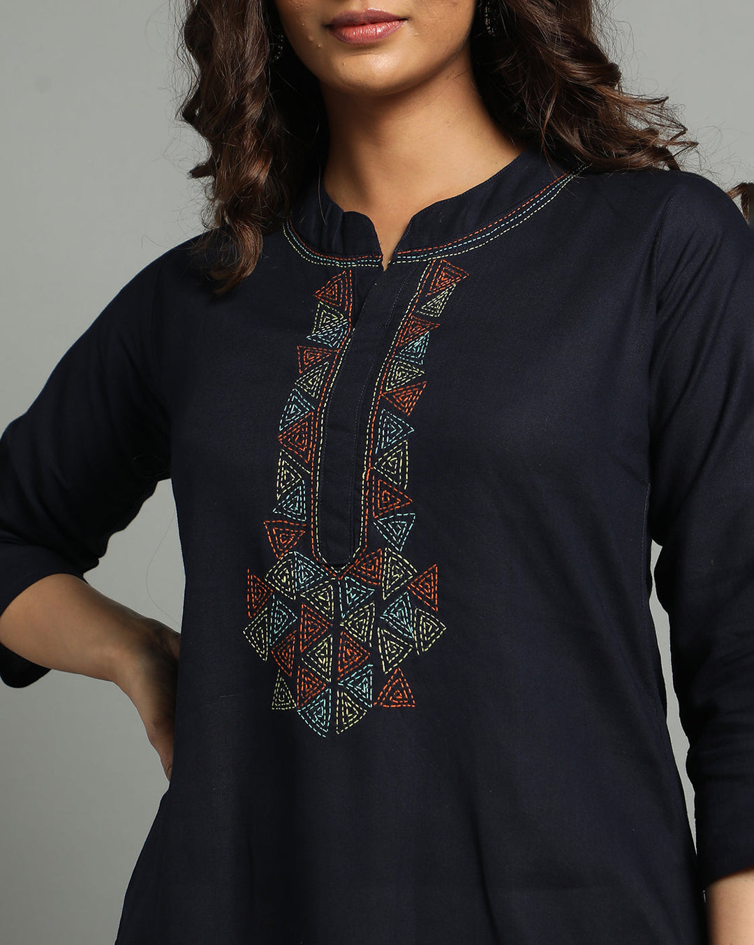 Navy Kantha Cotton Kurta | SHOBITAM