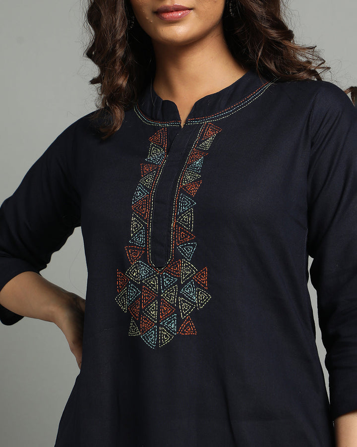 Navy Kantha Cotton Kurta | SHOBITAM