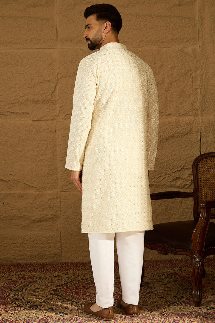 Off White Cotton Solid Printed Straight Kurta | SHOBITAM