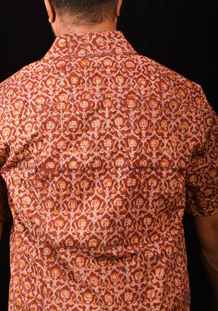 Maroon Brown Kalamkari Handblock Printed Cotton Mens Shirt Dheeran