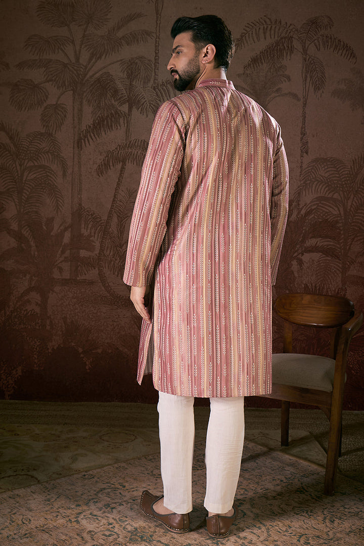 Mauve Silk Blend Floral Printed Straight Kurta For Men | SHOBITAM
