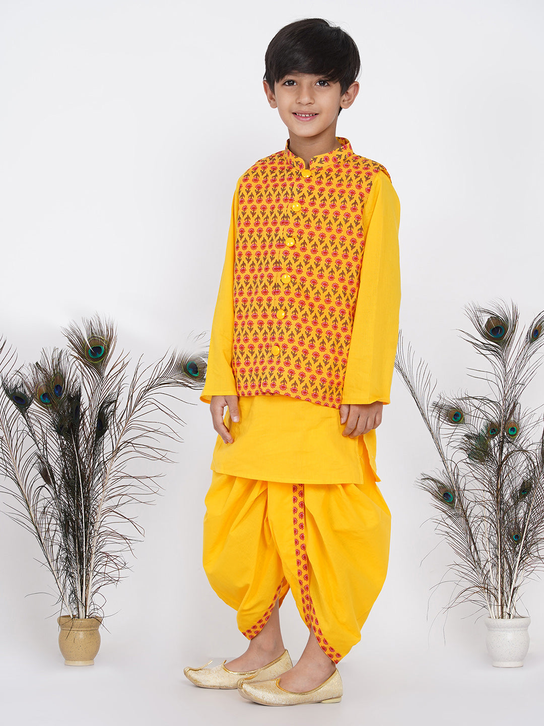 Boys Floral Jacket with Kurta and Dhoti in Yellow  | SHOBITAM