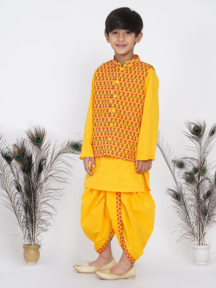 Boys Floral Jacket with Kurta and Dhoti in Yellow  | SHOBITAM