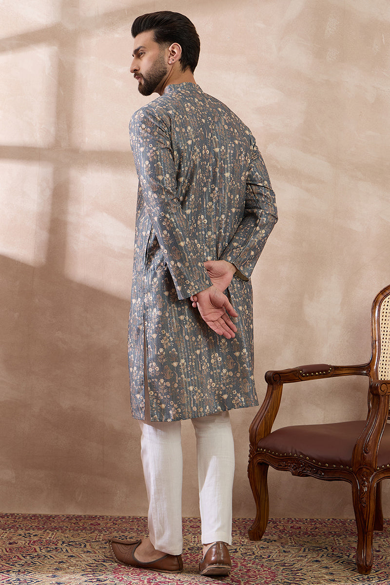 Grey Silk Blend Printed Mandarin Collar Straight Kurta For Men | SHOBITAM