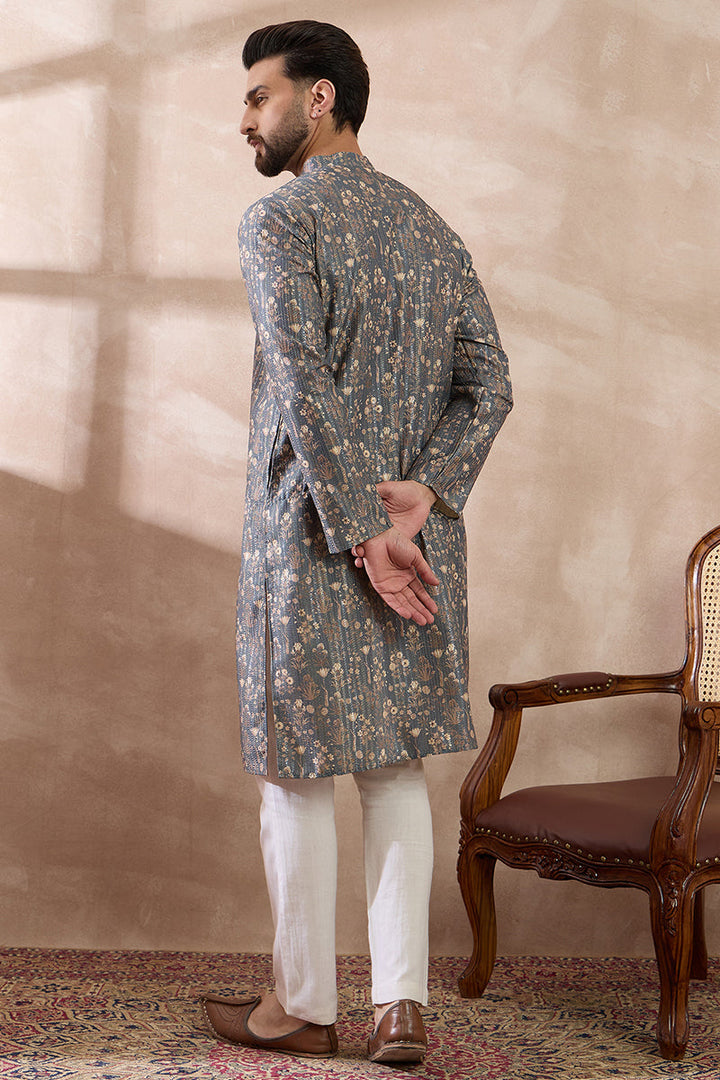 Grey Silk Blend Printed Mandarin Collar Straight Kurta For Men | SHOBITAM