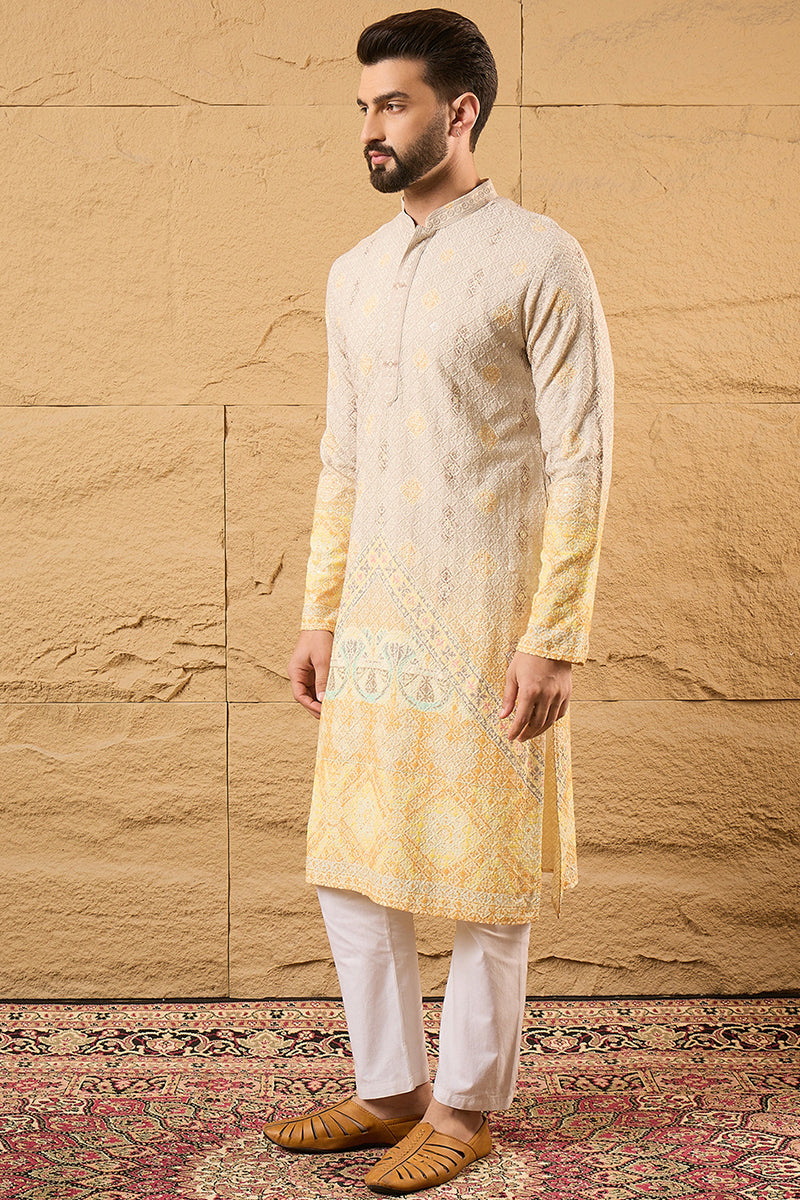 Yellow Viscose Rayon Ethnic Motifs Embroidered Straight Kurta with Trouser  | SHOBITAM