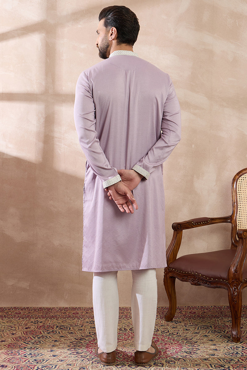 Lavender Silk Blend Embroidered Mandarin Collar Straight Kurta With Trouser | SHOBITAM