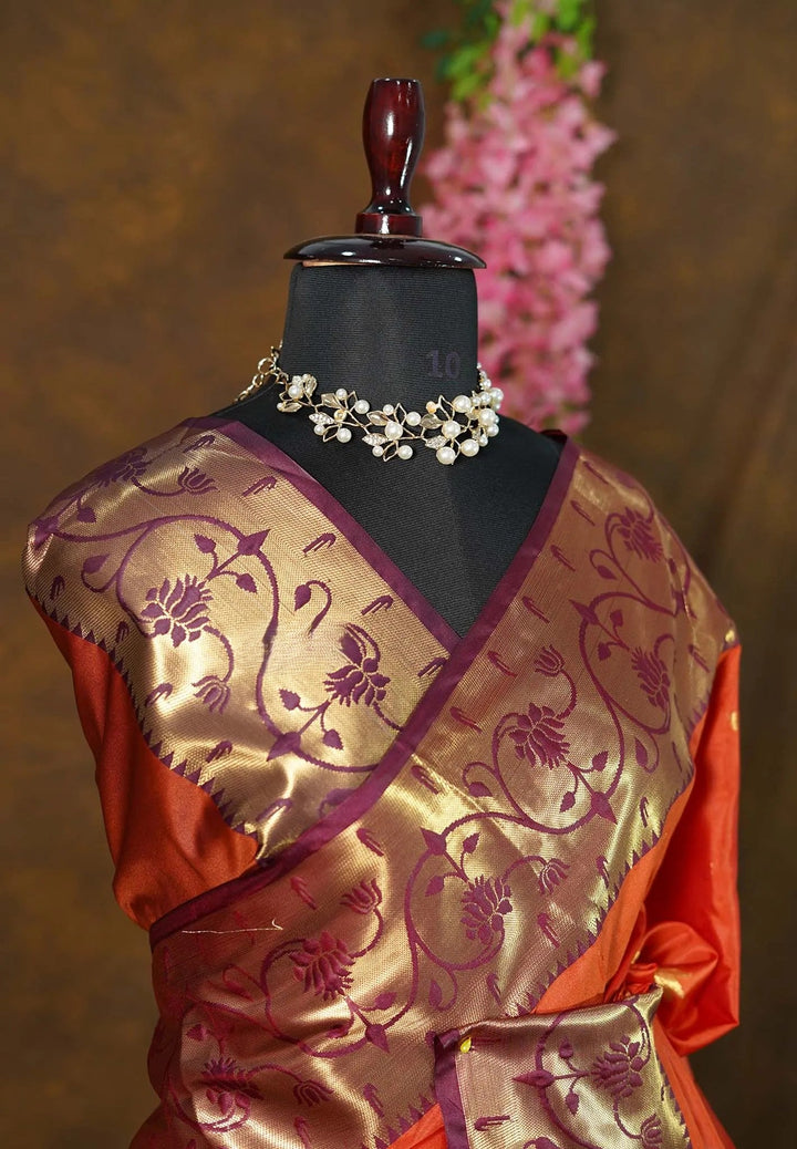 Sunset Orange Semi Silk Kanchi Saree with Paithani Style Borders