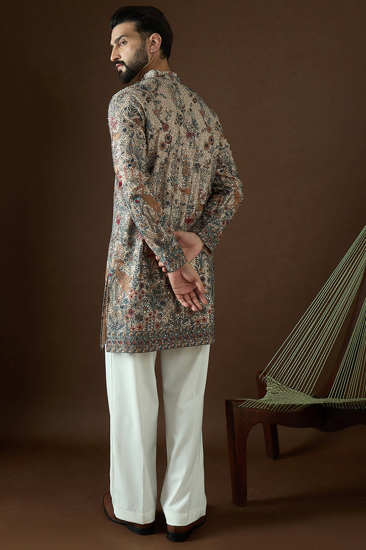 Cream Georgette Solid Embroidered Straight Kurta | SHOBITAM
