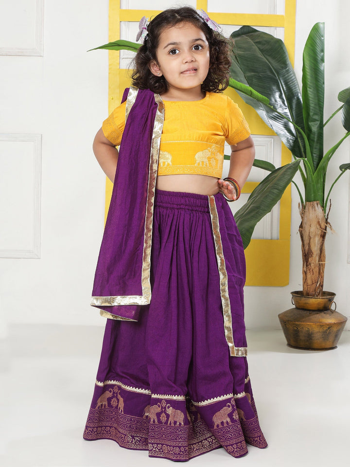 Purple Elephant Zari Embroidery Chanderi Cotton Lehenga with Stitched Yellow Blouse Set | SHOBITAM
