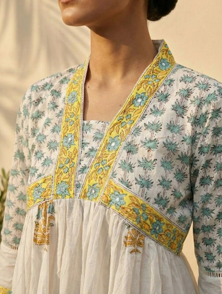 White Yellow Printed Anarkali Kurta Pant Dupatta Set | SHOBITAM