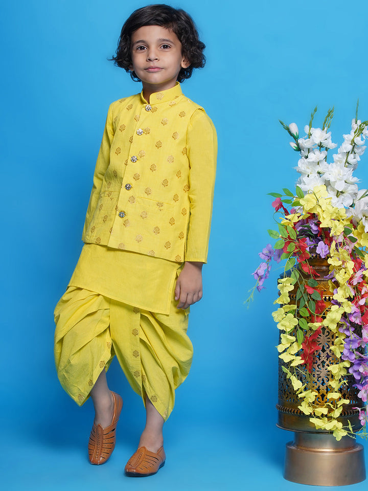 Cotton Sleevelees Golden Floral Embrodiery Nehru Jacket with Kurta and Dhoti - Kaccha Yellow | SHOBITAM
