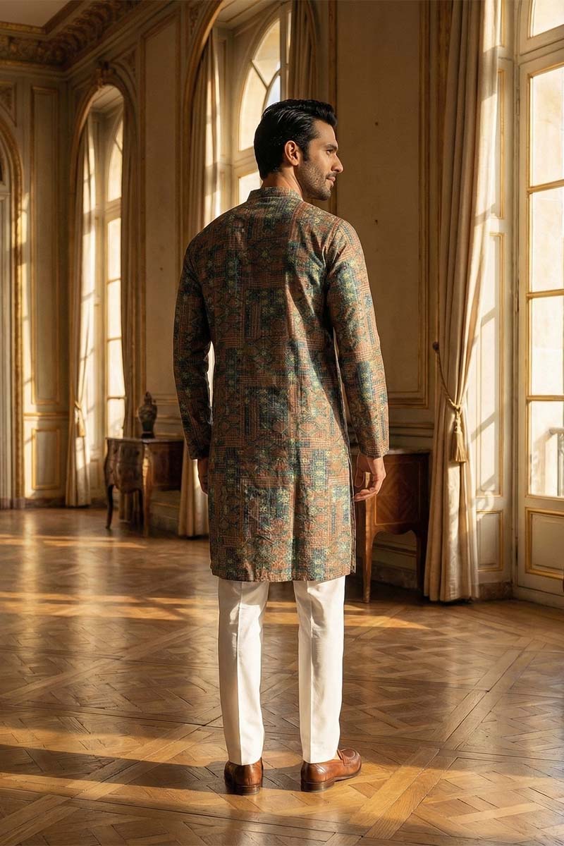 Blue Silk Blend Printed Straight Kurta | SHOBITAM