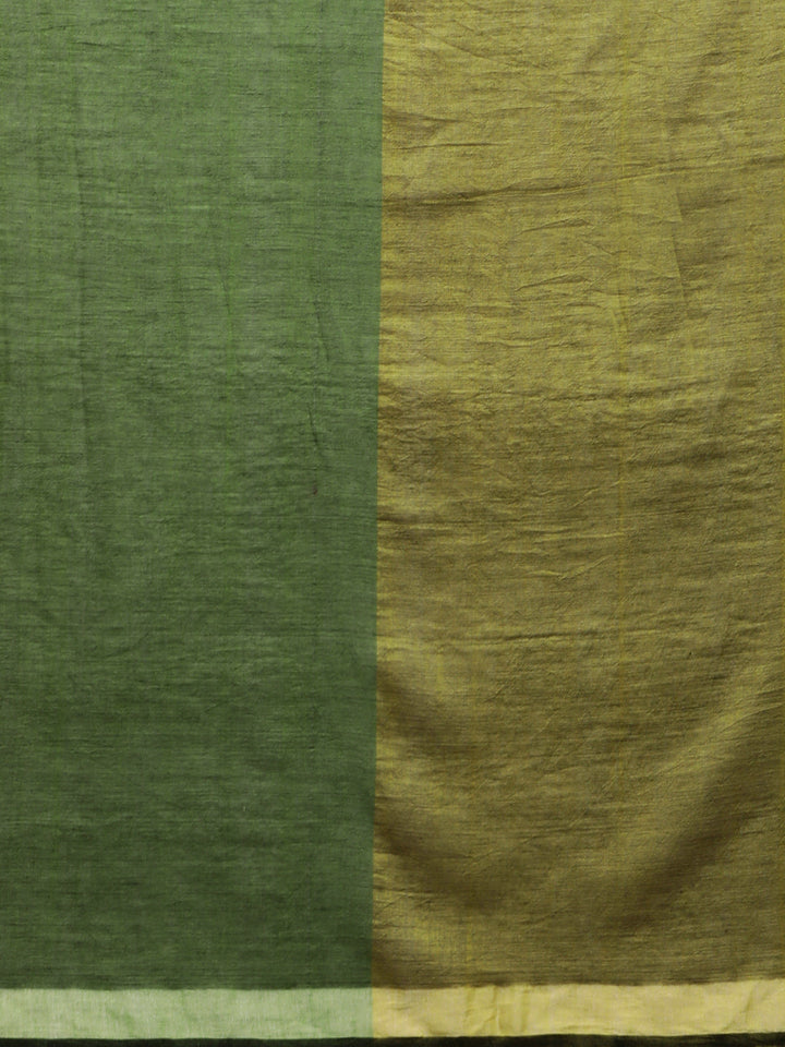 Moss Green Colour block Cotton Saree with pompoms With Minimal Border, No Blouse Piece