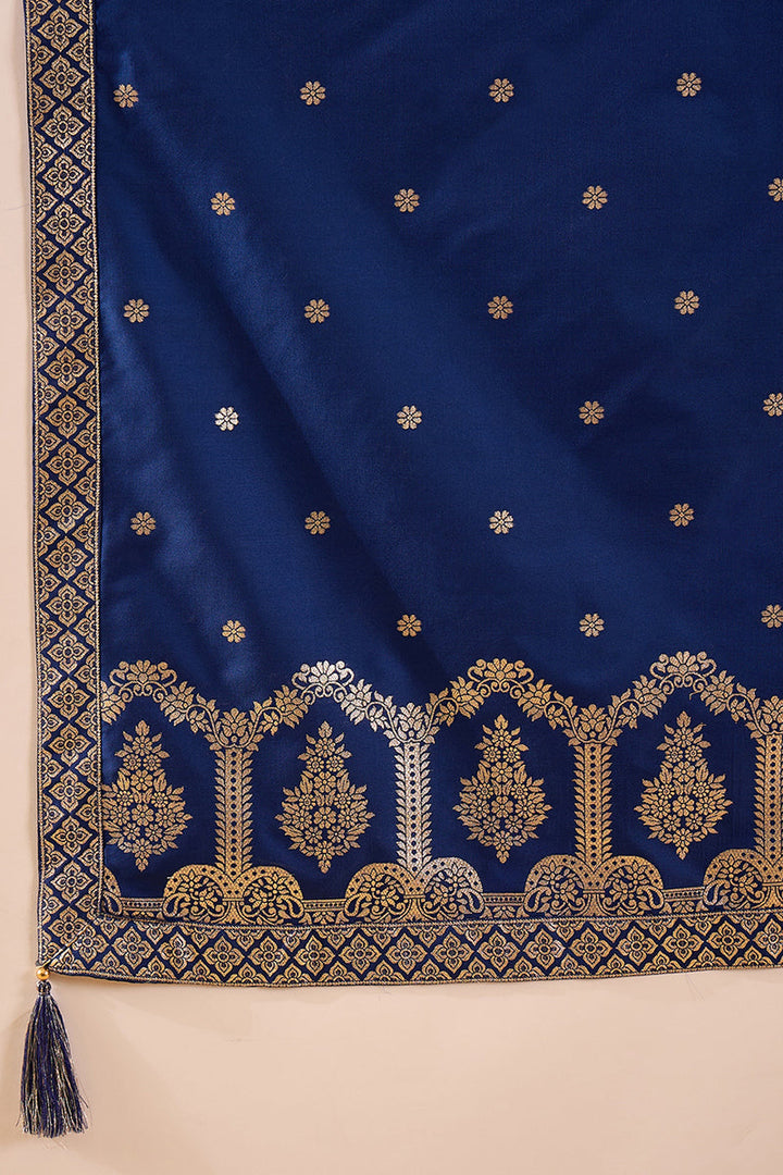 Blue Silk Blend Solid Embroidered Anarkali Kurta Bottom and Dupatta | SHOBITAM
